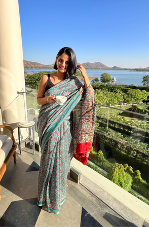 Teal Blue Ajrakh Chanderi Saree