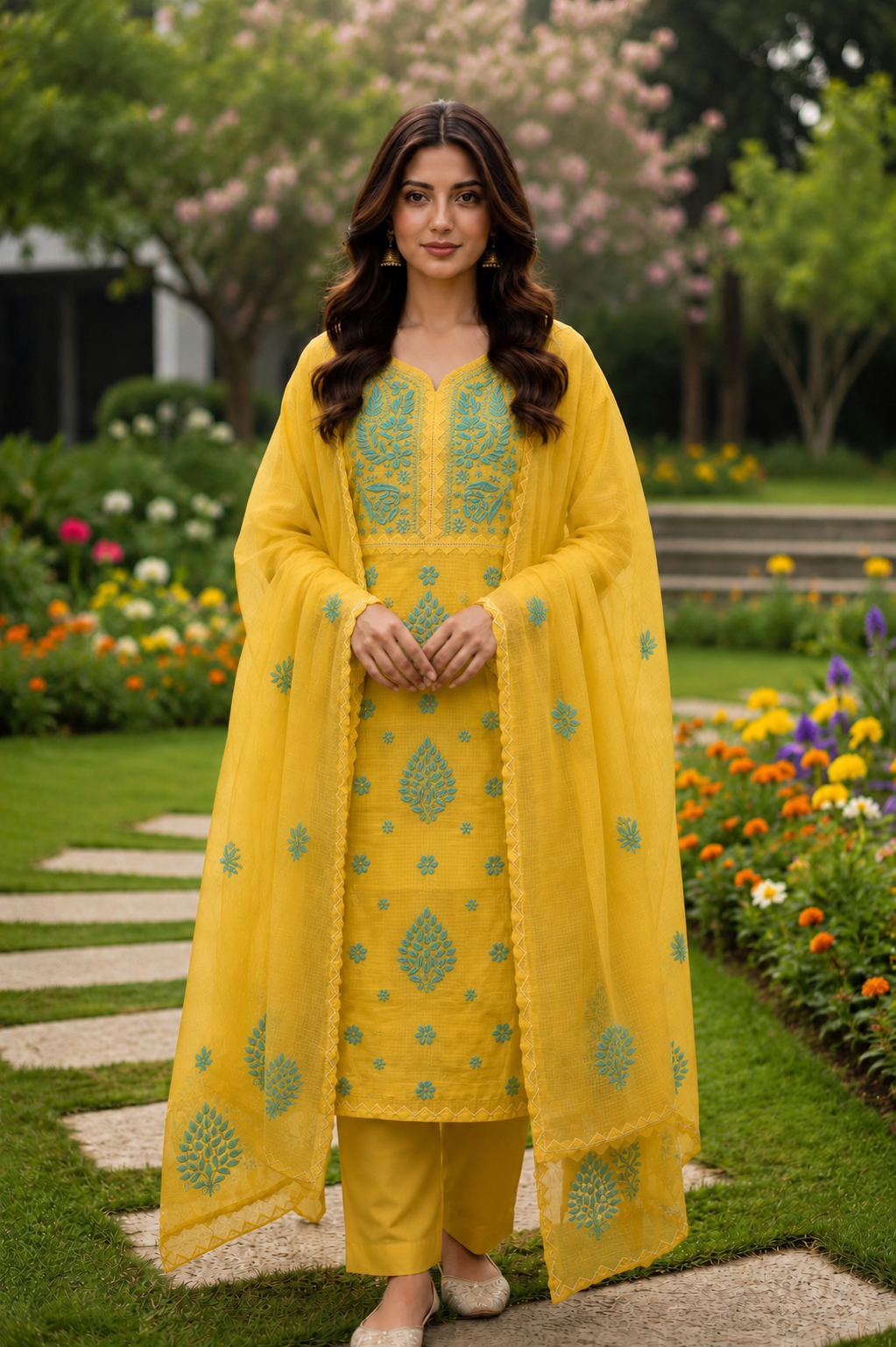 Anupama Yellow Unstitched Chikankari & Applique 2 pc Suit Set