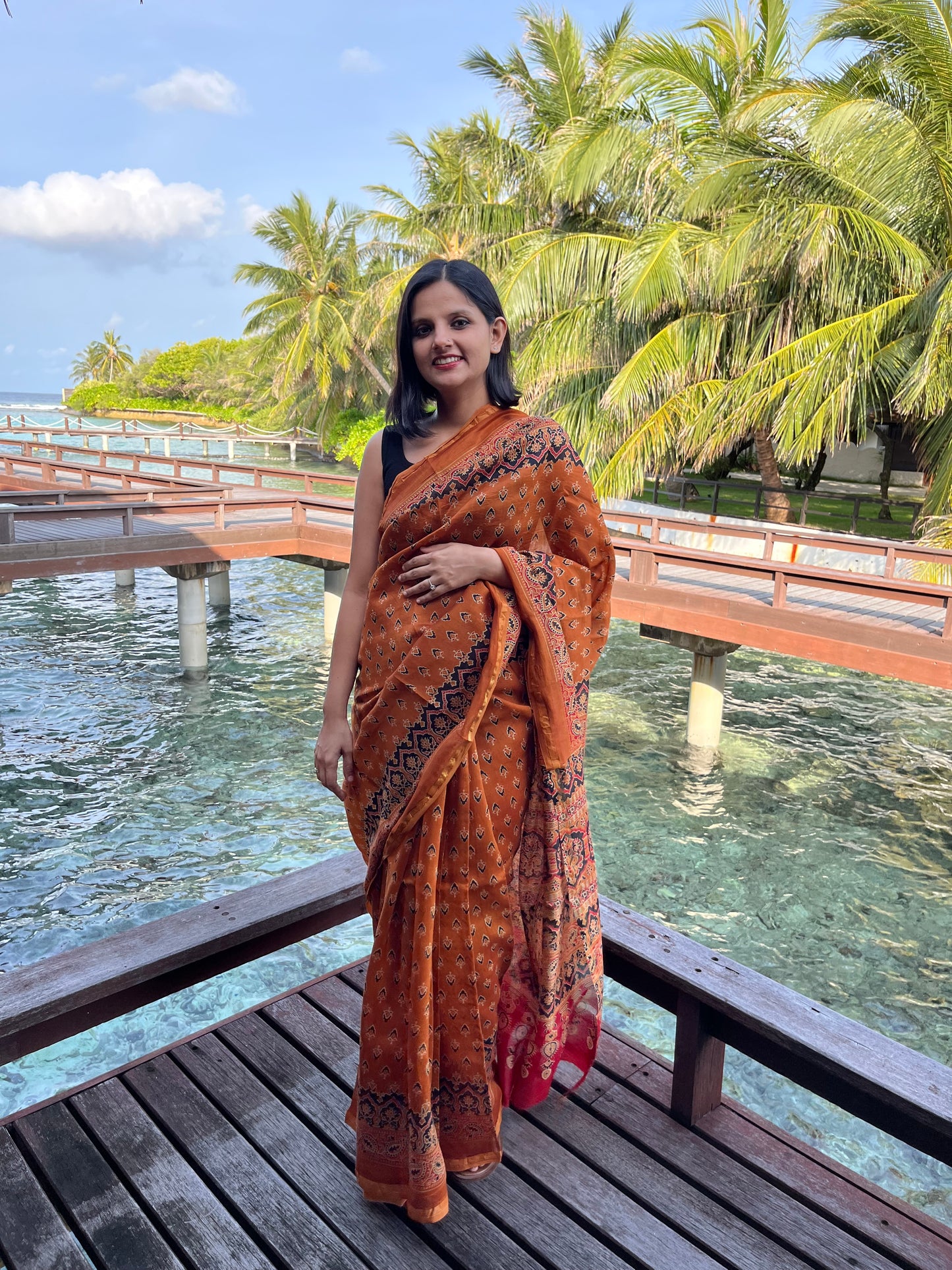 Rust Orange Ajrakh Chanderi Saree