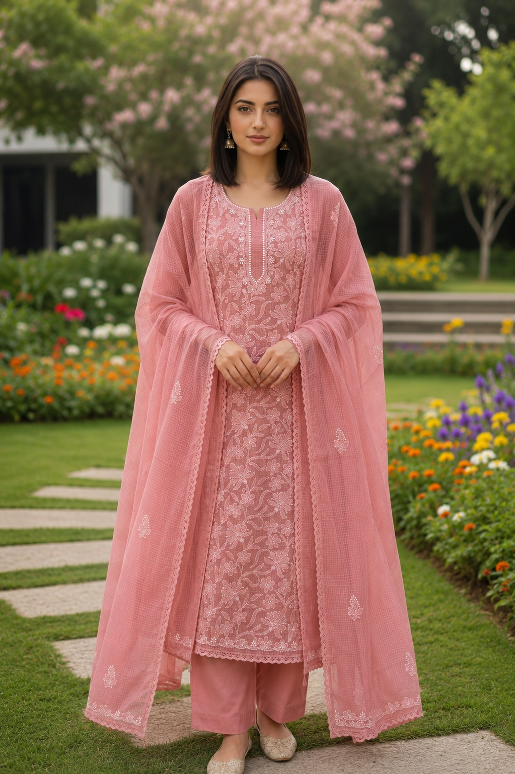 Nitya Peach Semi-stitched Chikankari 2 pc Suit Set