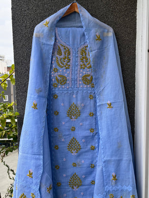 Anupama Blue & Green Unstitched Chikankari & Applique Suit Set