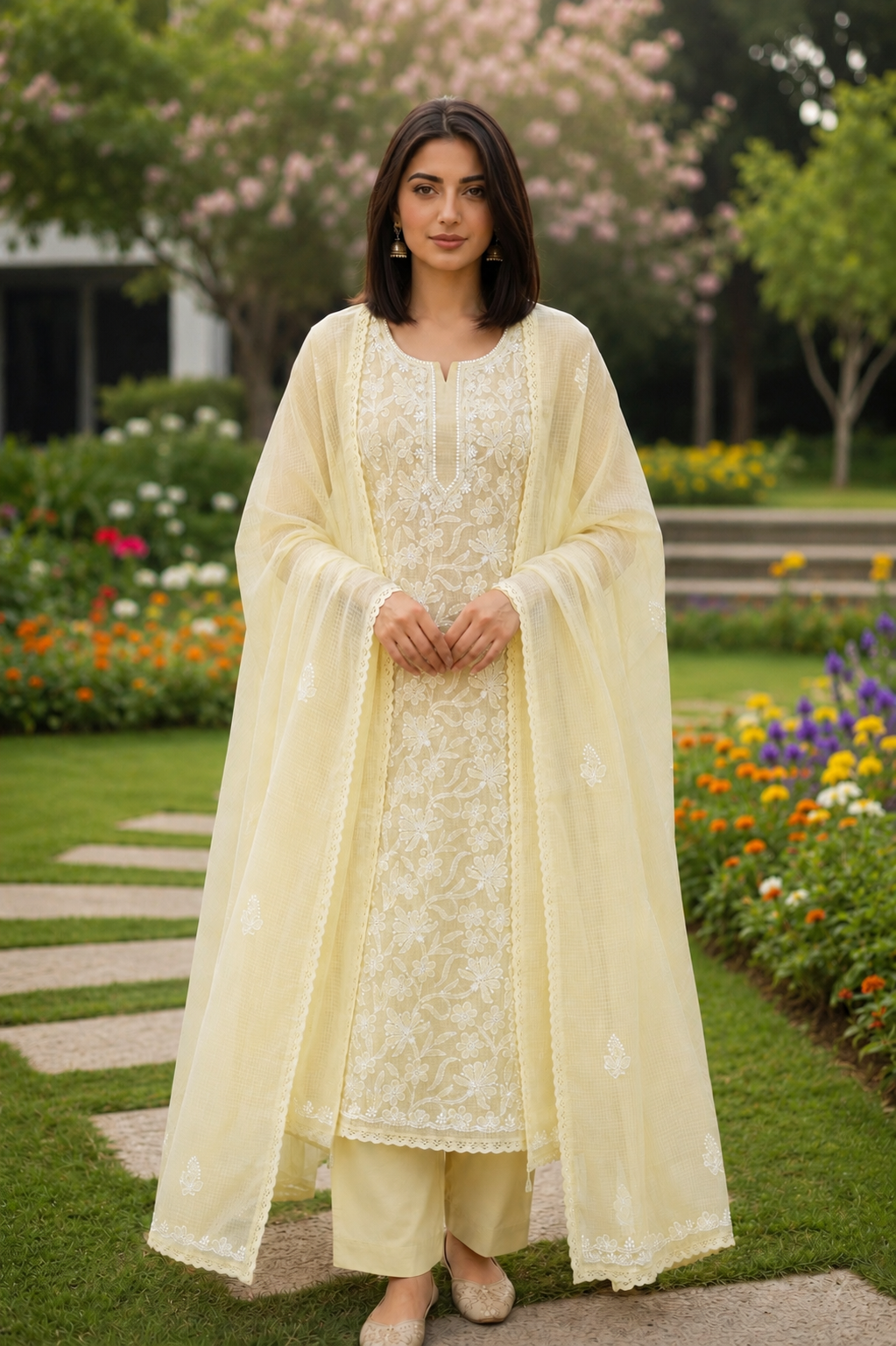 Nitya Lemon yellow Semi-stitched Chikankari 2 pc Suit Set
