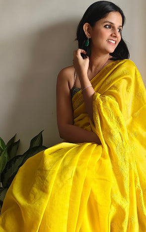 Yellow Chikankari Chanderi Saree
