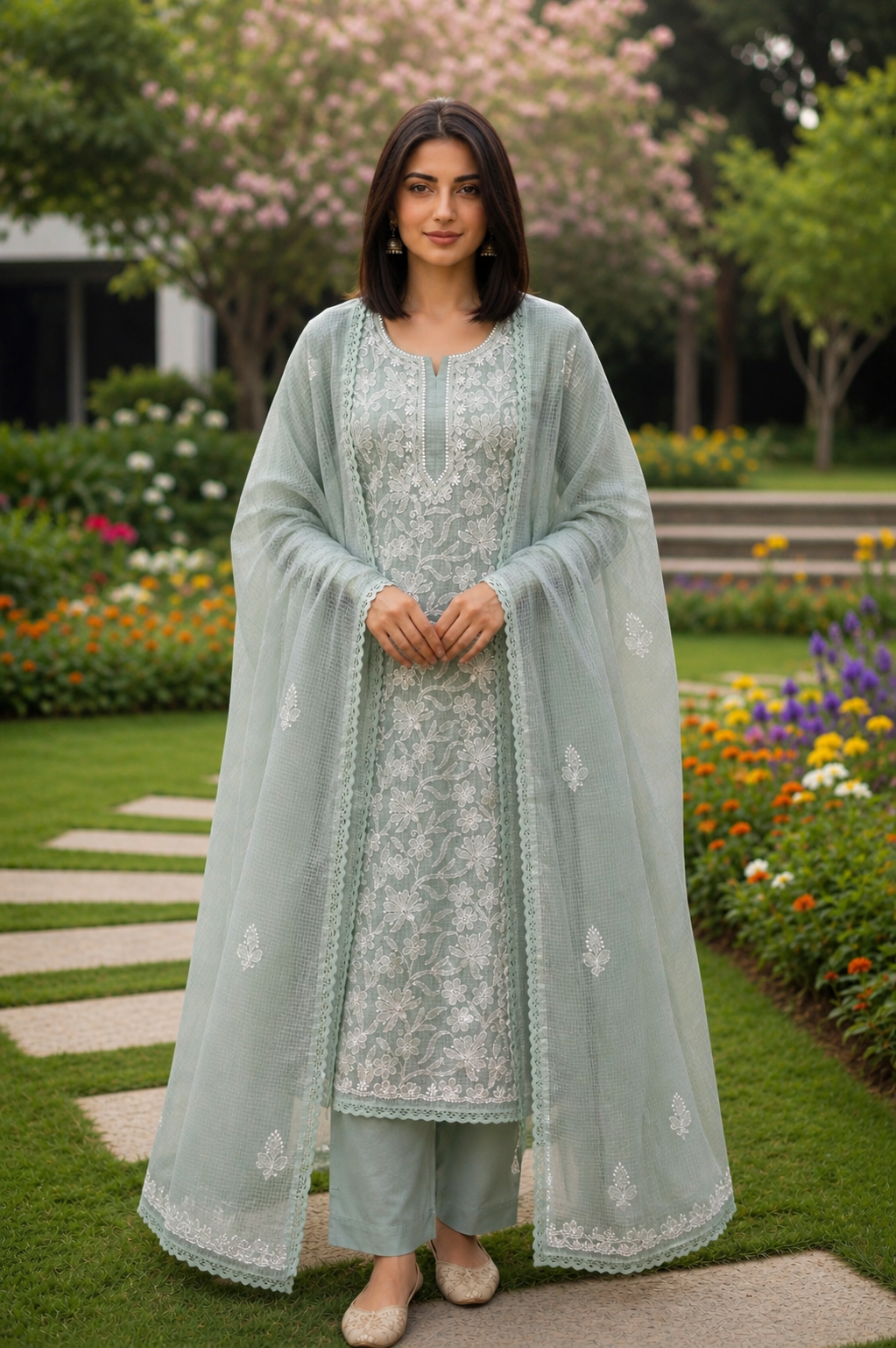 Nitya Sea green Semi-stitched Chikankari 2 pc Suit Set