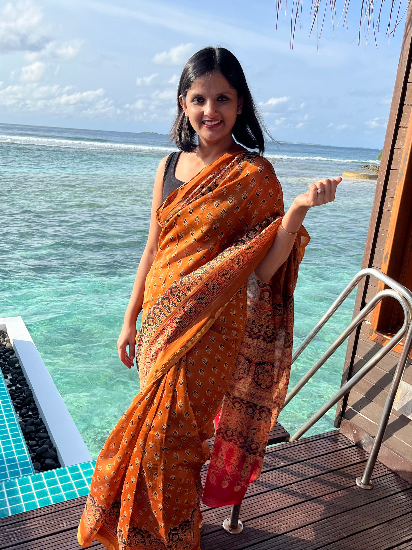 Rust Orange Ajrakh Chanderi Saree
