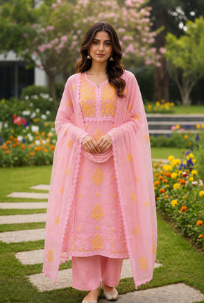 Anupama Pink & Yellow Unstitched Chikankari & Applique  2 pc Suit Set