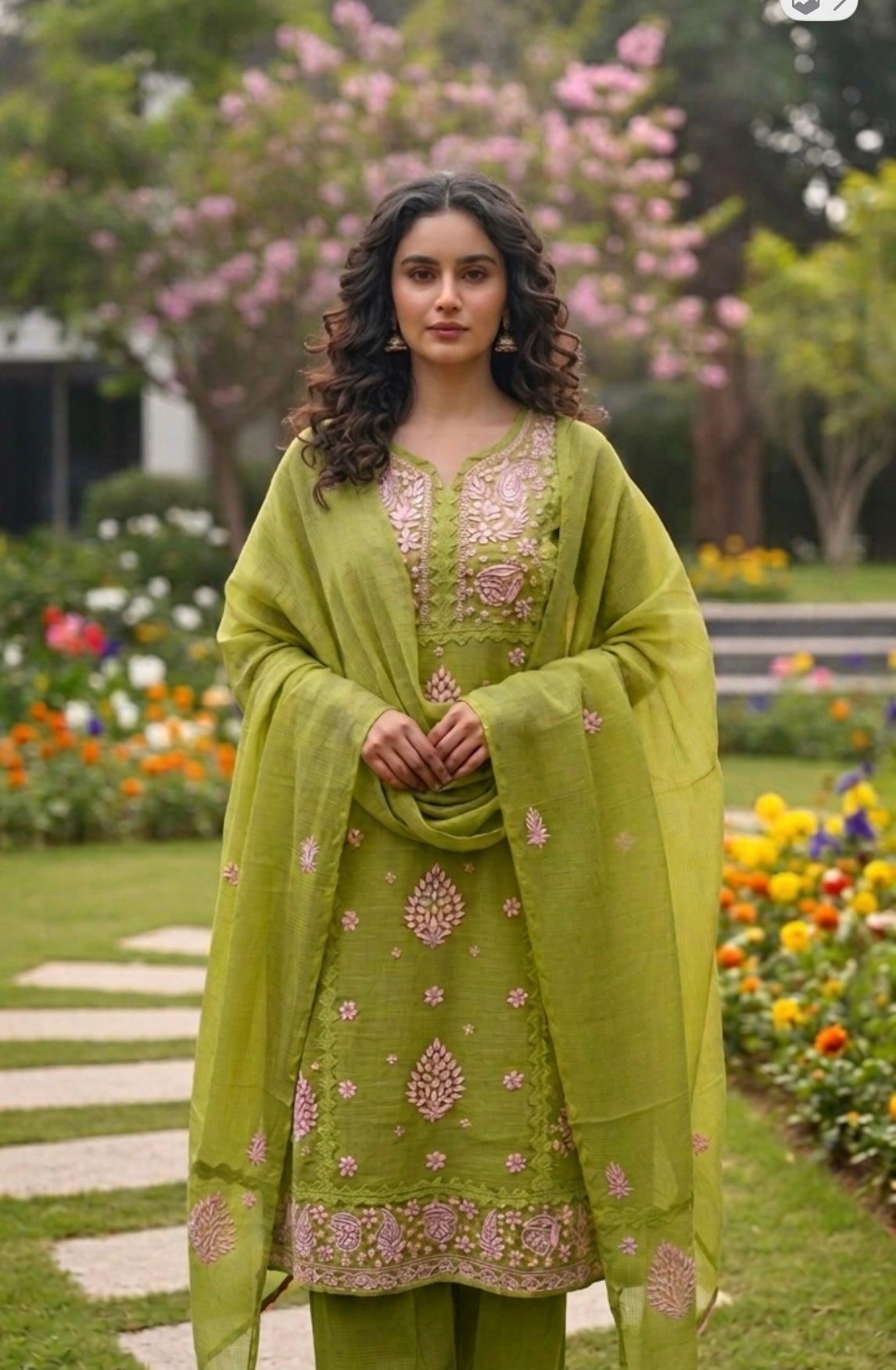Anupama Green & Pink Unstitched 2 pc Chikankari & Applique Suit Set