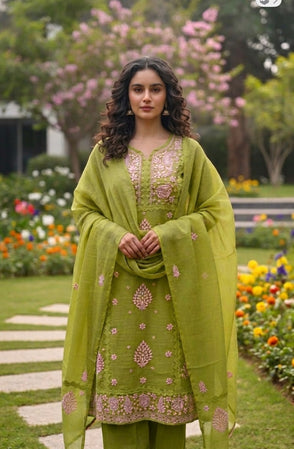 Anupama Green & Pink Unstitched 2 pc Chikankari & Applique Suit Set