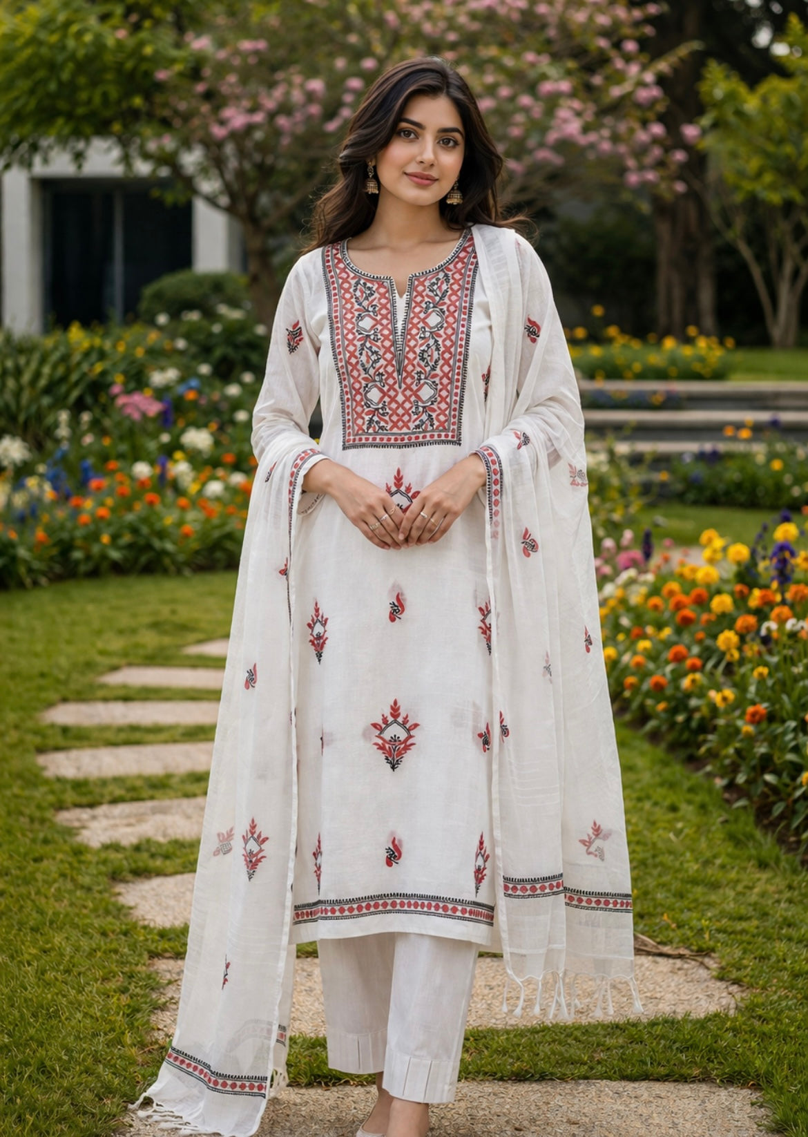 Noor Red & black Unstitched Linen Chikankari  2 pc Suit Set
