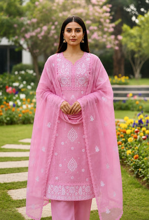 Anupama Pink & White Unstitched Chikankari & Applique Suit Set