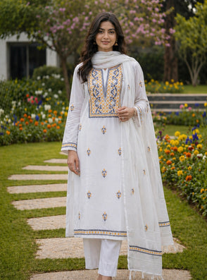 Noor Yellow & teal Unstitched Linen Chikankari  2 pc Suit Set
