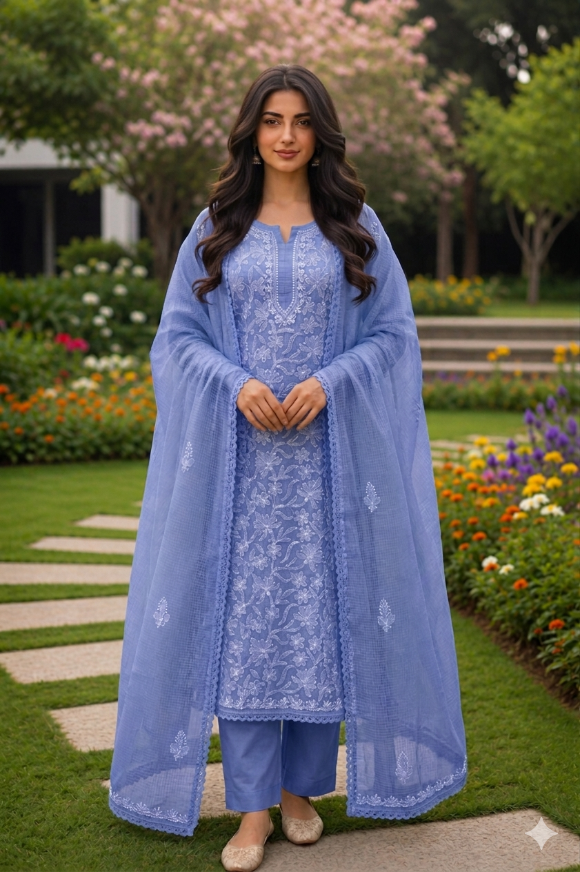 Nitya Powder blue Semi-stitched Chikankari 2 pc Suit Set
