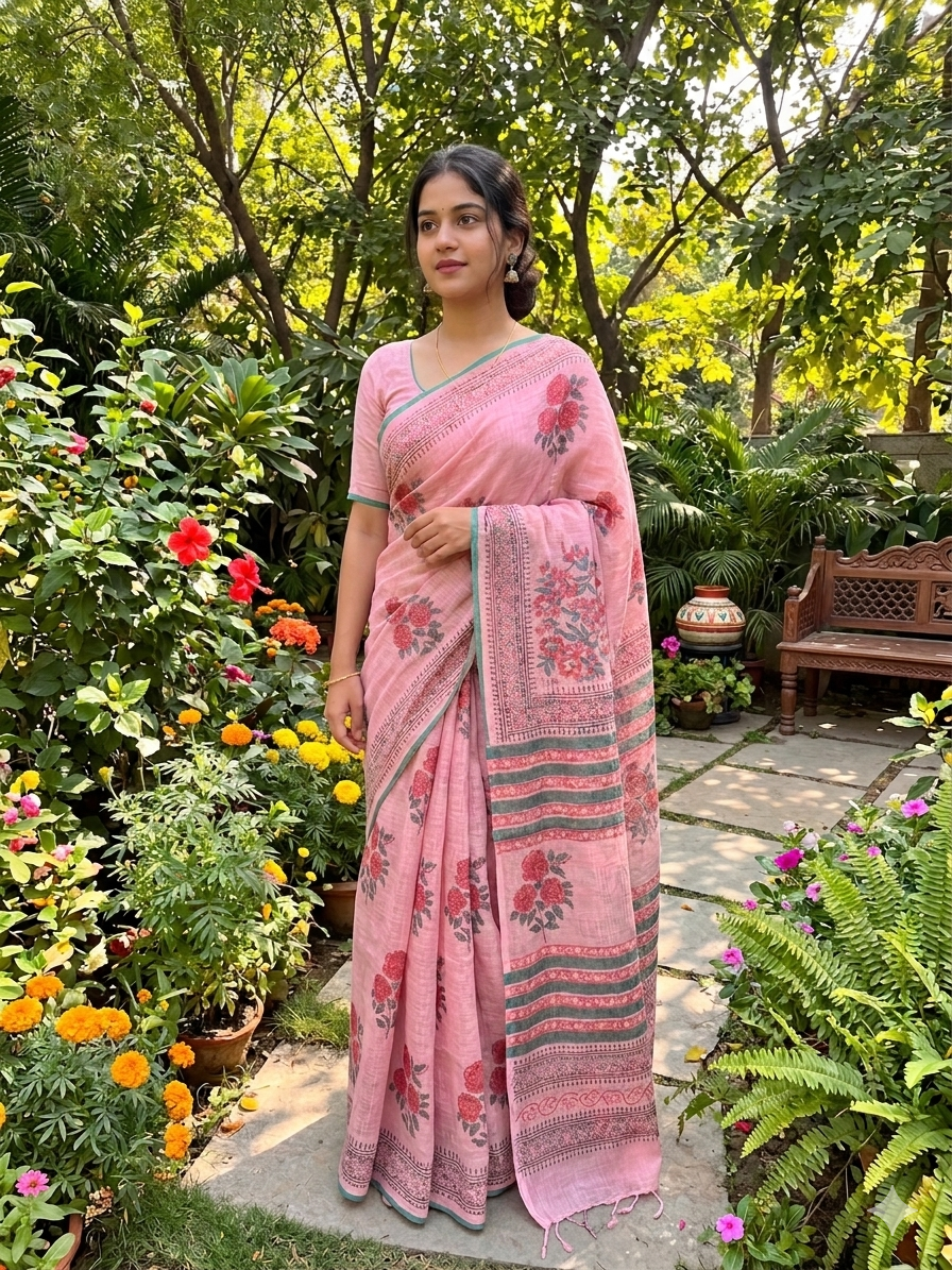 Pink & Green Kota doriya Saree