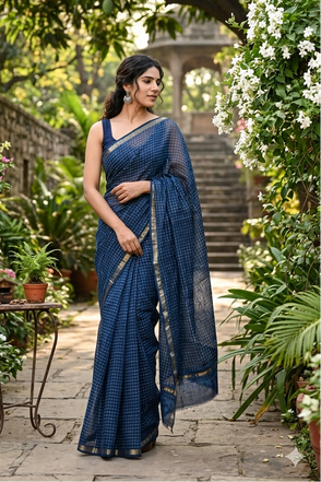 Indigo Checkered Dabu Kota doriya Saree