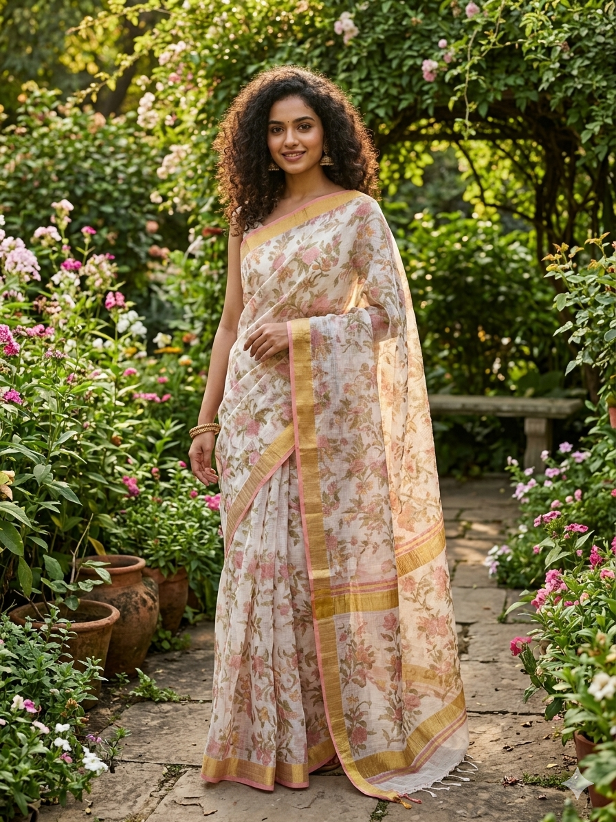 White Floral Kota doriya Saree