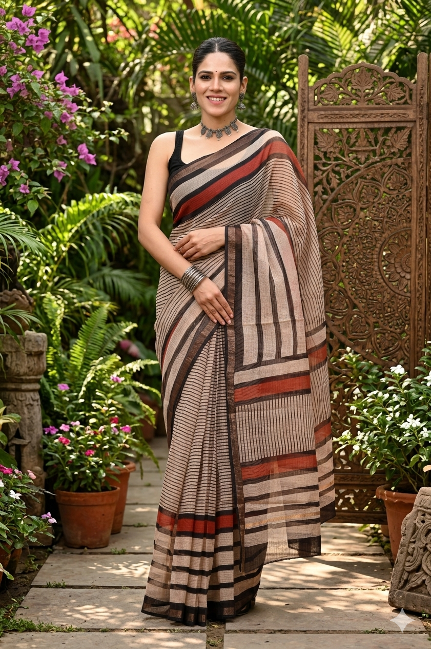 Beige and Black Striped Kota doriya Saree