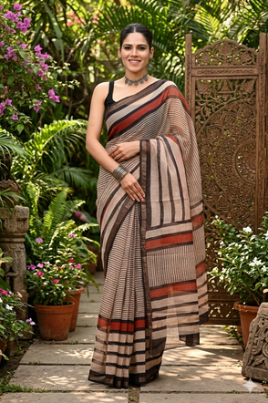 Beige and Black Striped Kota doriya Saree