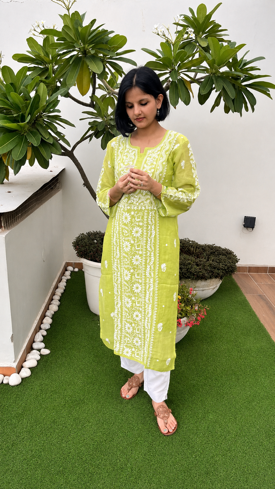 Karnika Lime Stitched Chikankari Kurta in Pure Mul