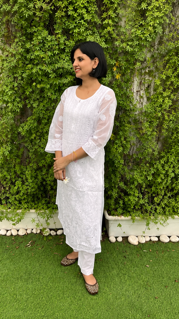 Sweta Stitched Chikankari Kurta in Kota doriya