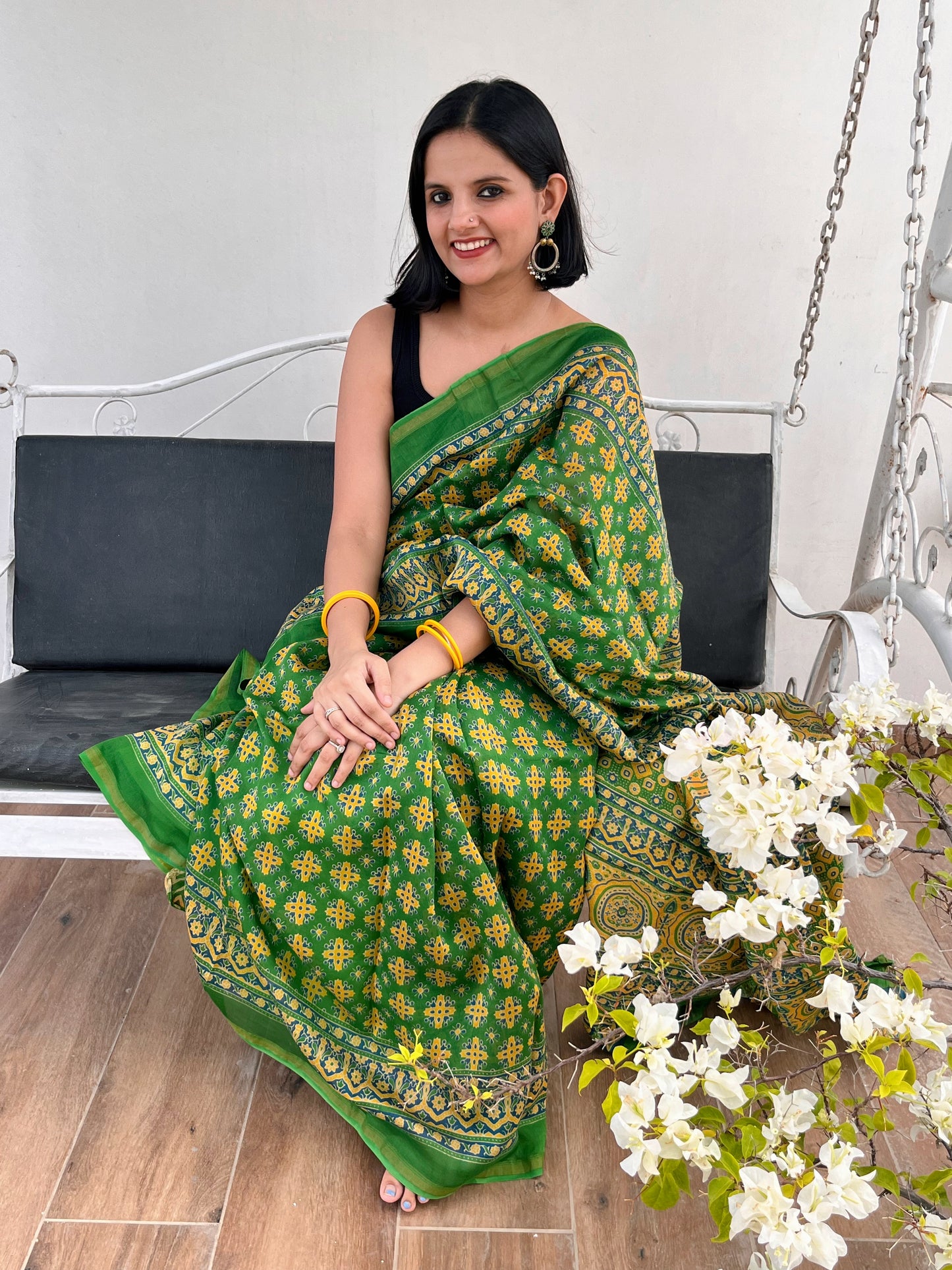 Green & Yellow Ajrakh Chanderi Saree