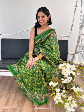 Green & Yellow Ajrakh Chanderi Saree