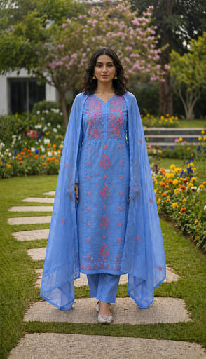 Anupama Blue & Pink Unstitched Chikankari & Applique 2 pc Suit Set