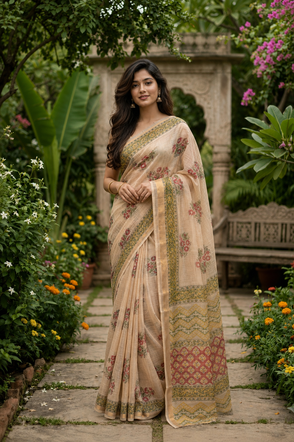 Beige Floral Boota Kota doriya Saree