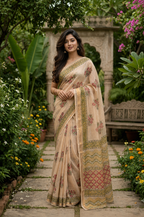 Beige Floral Boota Kota doriya Saree