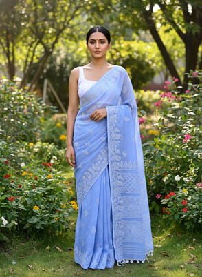 Powder Blue Chikankari Kotadoriya Saree