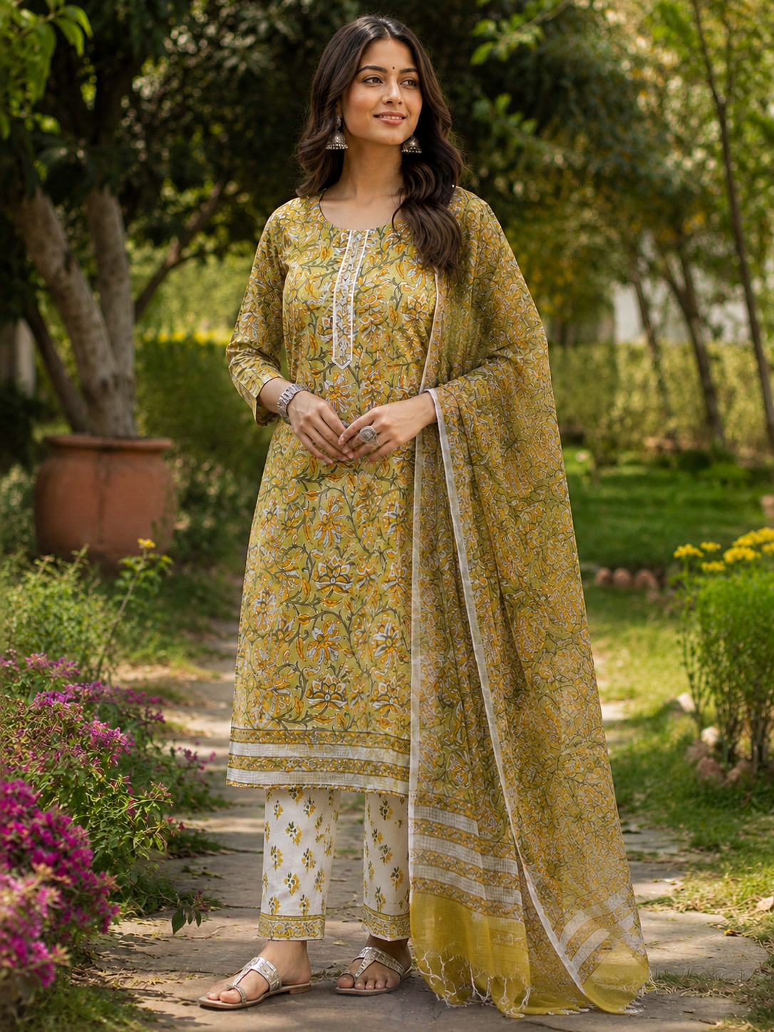 Green & yellow Hand block print suit with kota dupatta