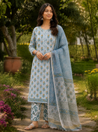Blue & Yellow Hand block print suit with kota dupatta
