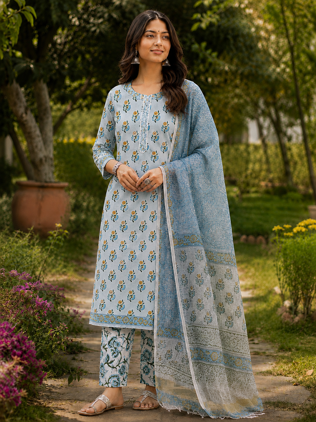 Blue & Yellow Hand block print suit with kota dupatta