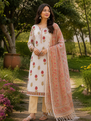 Pink White Hand block print suit with kota dupatta