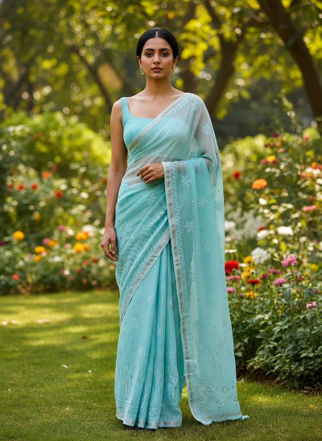Sea Green Ombre Chikankari Chanderi Saree with Mukaish work
