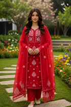 Anupama Red Unstitched Chikankari & Applique Suit Set