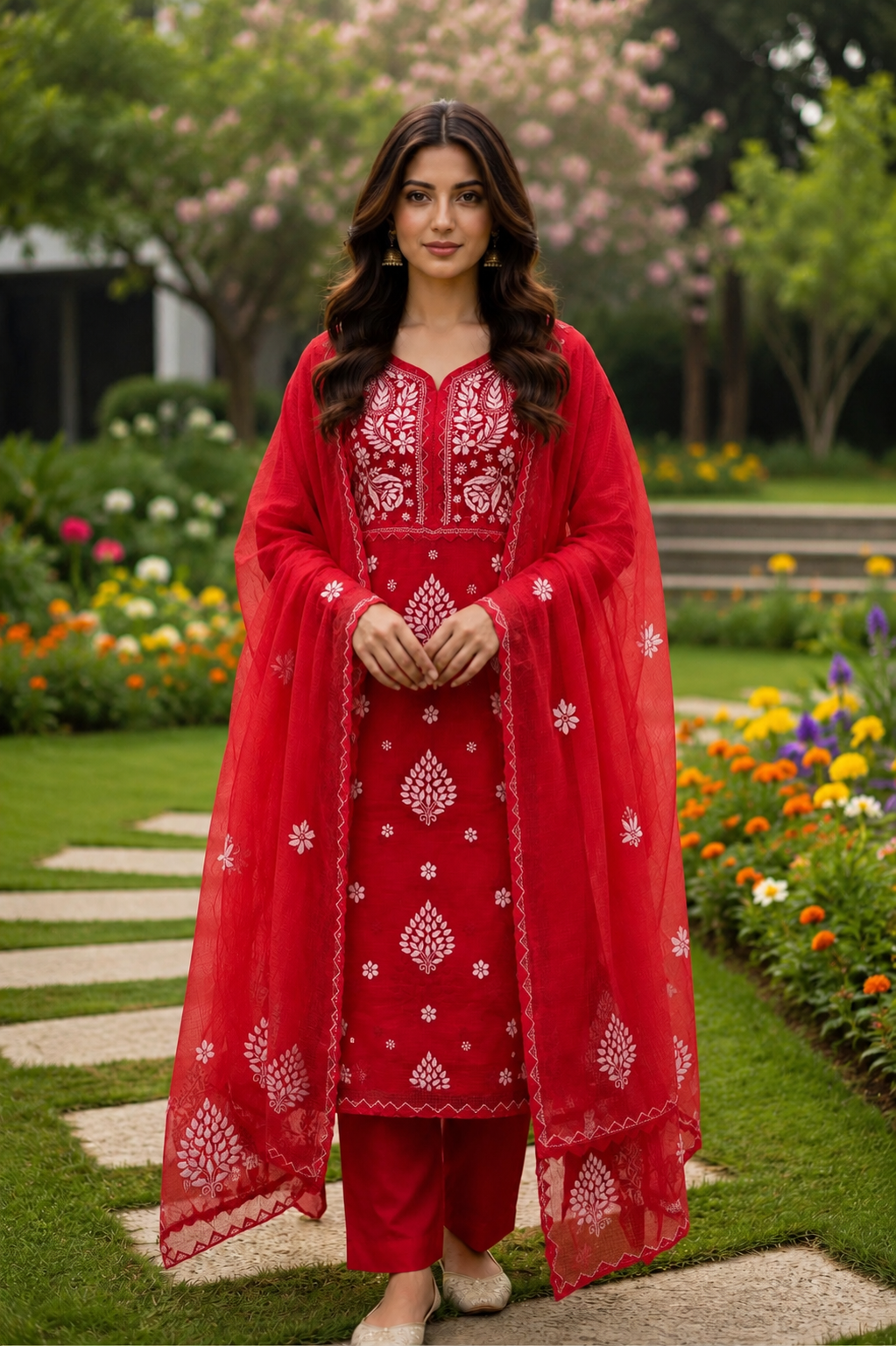 Anupama Red Unstitched Chikankari & Applique Suit Set
