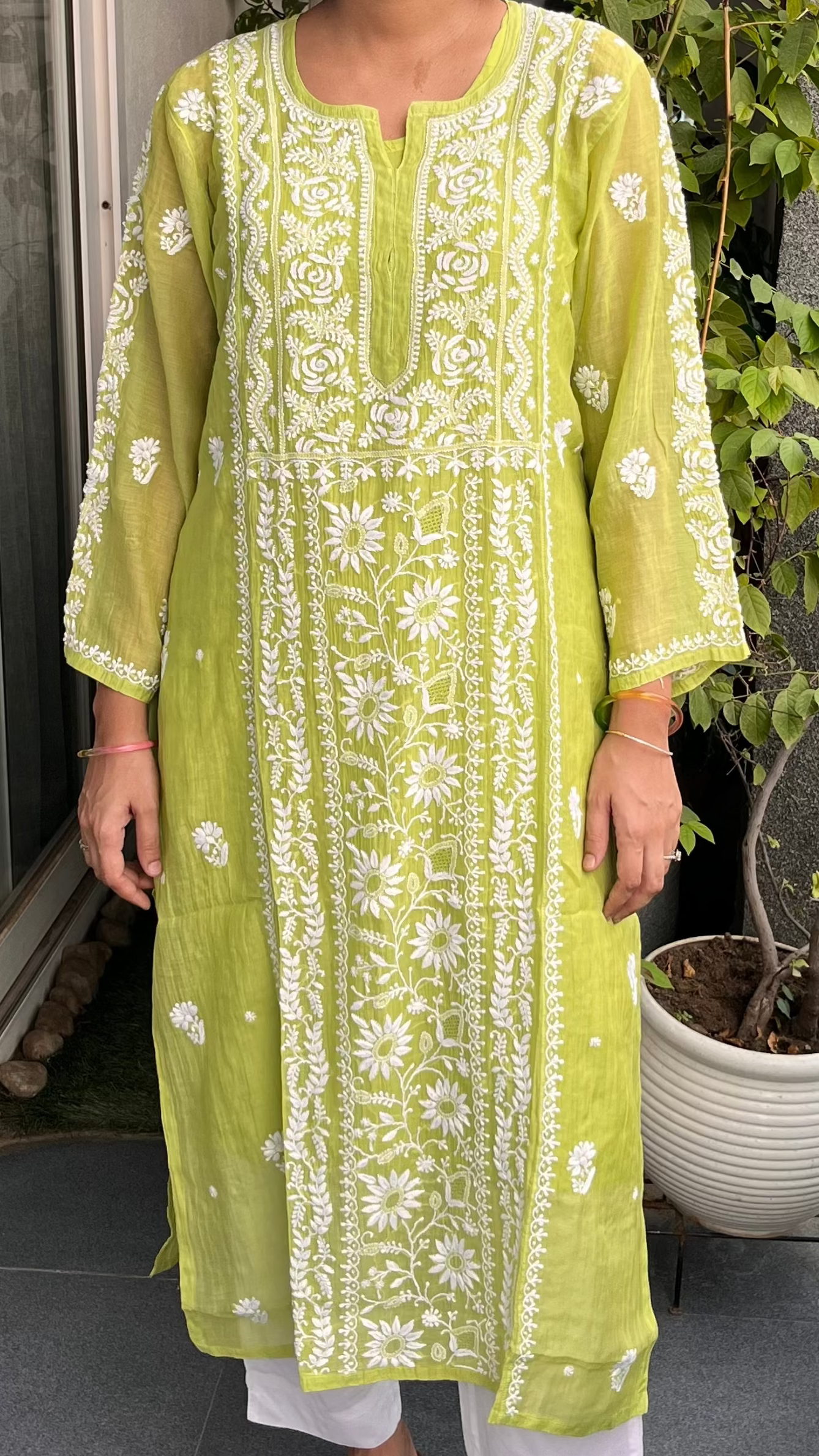 Karnika Lime Stitched Chikankari Kurta in Pure Mul