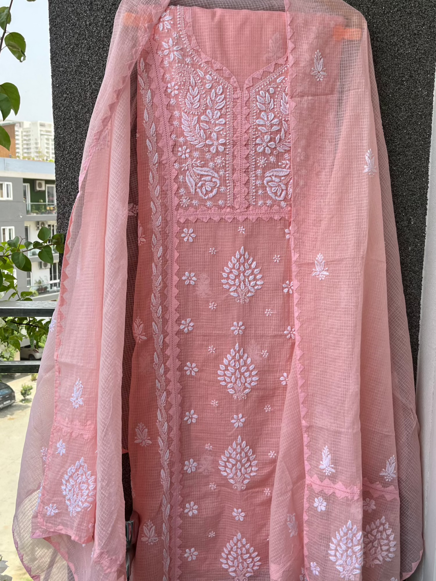 Anupama Peach Unstitched Chikankari & Applique Suit Set