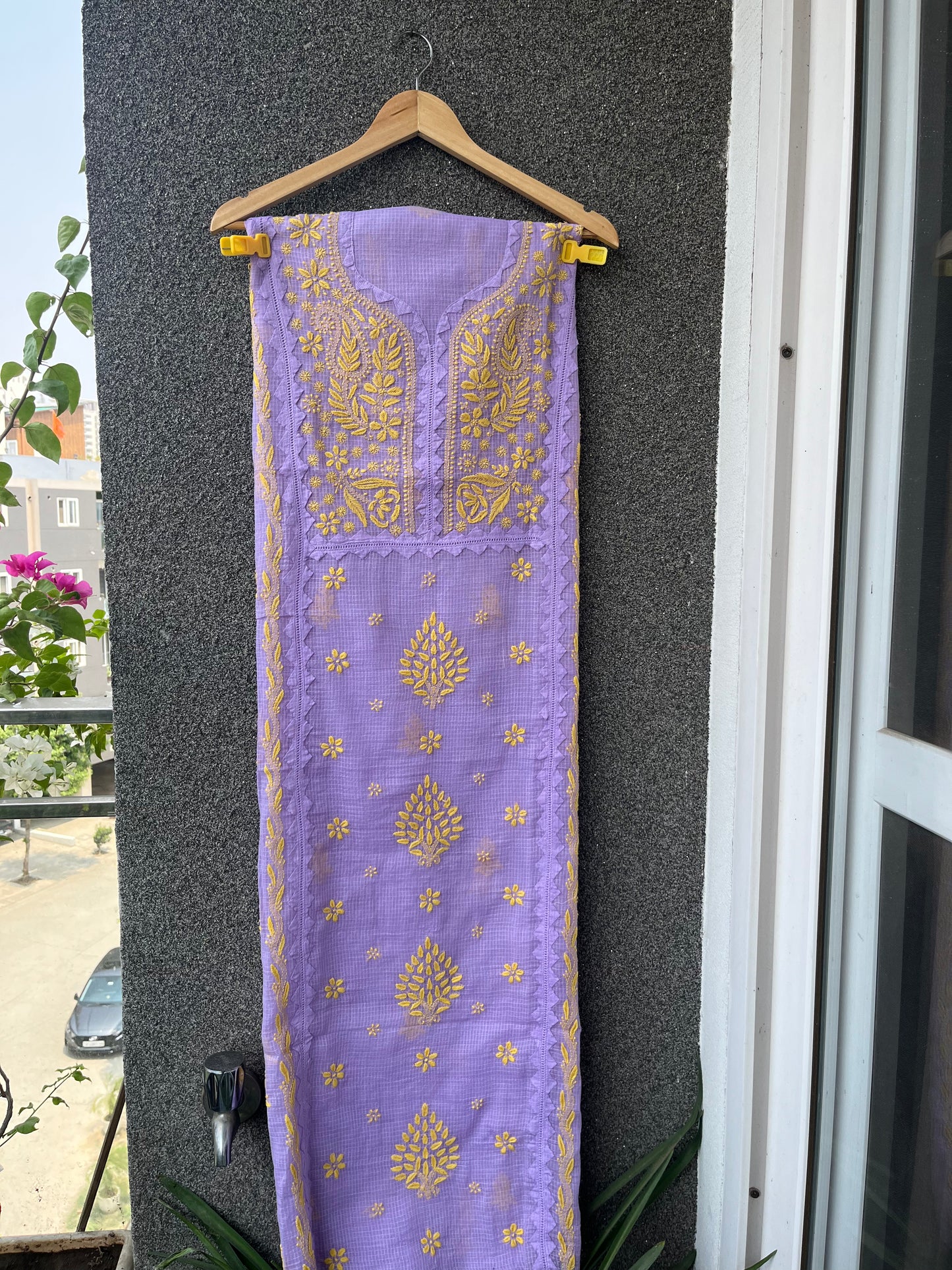 Anupama Purple & Yellow Unstitched Chikankari & Applique Suit Set