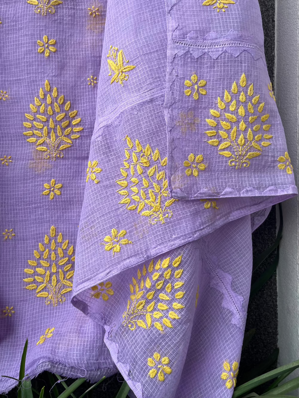 Anupama Purple & Yellow Unstitched Chikankari & Applique Suit Set