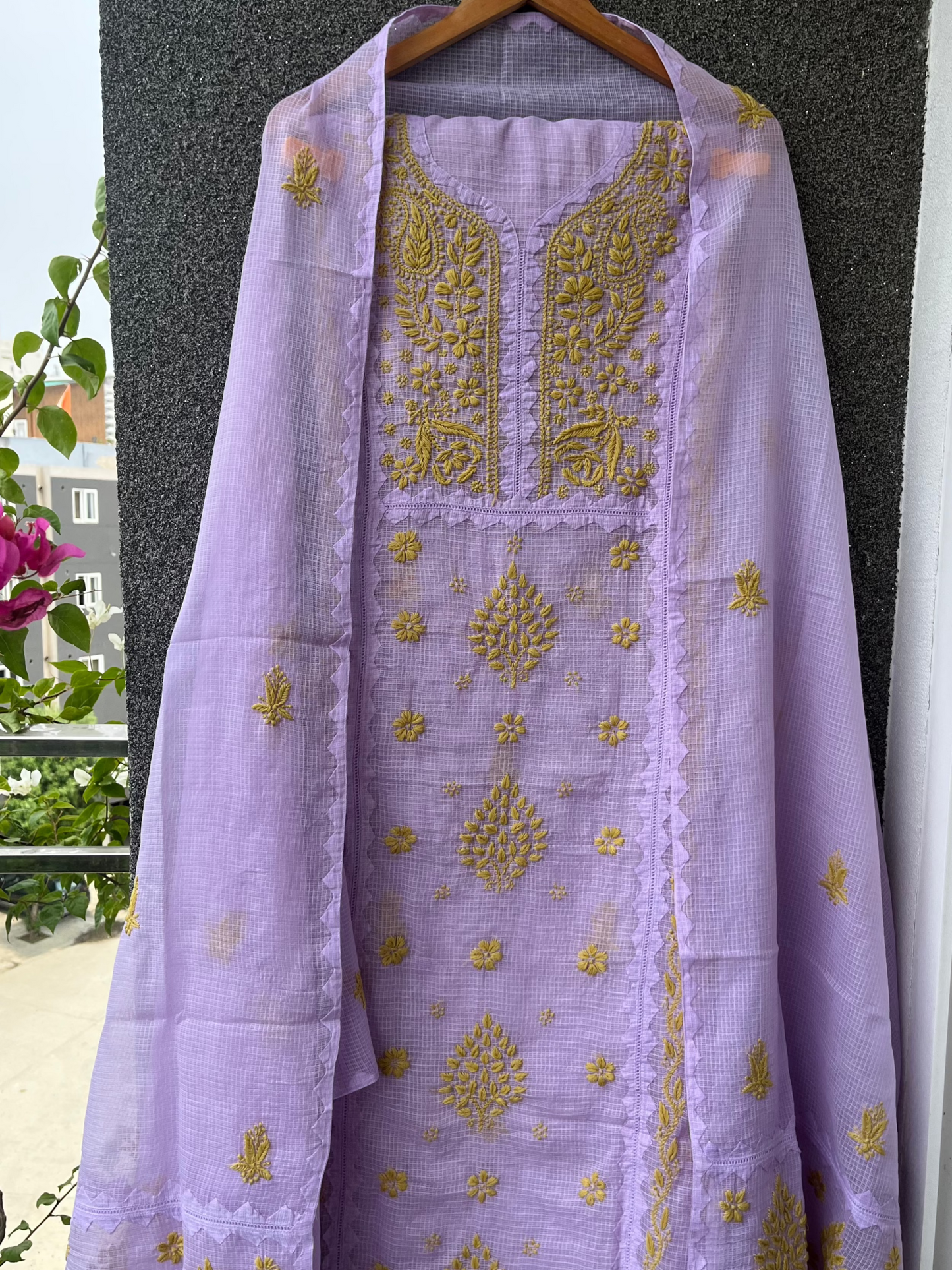 Anupama Purple & Green Unstitched Chikankari & Applique Suit Set