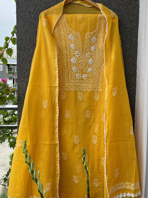 Akanksha Unstitched Yellow Chikankari Kurta Set