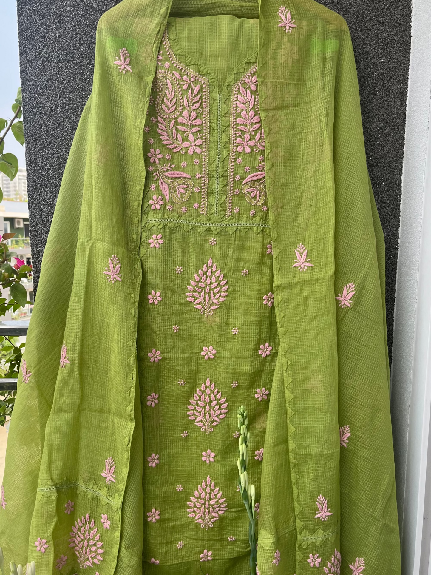Anupama Green & Pink Unstitched 2 pc Chikankari & Applique Suit Set