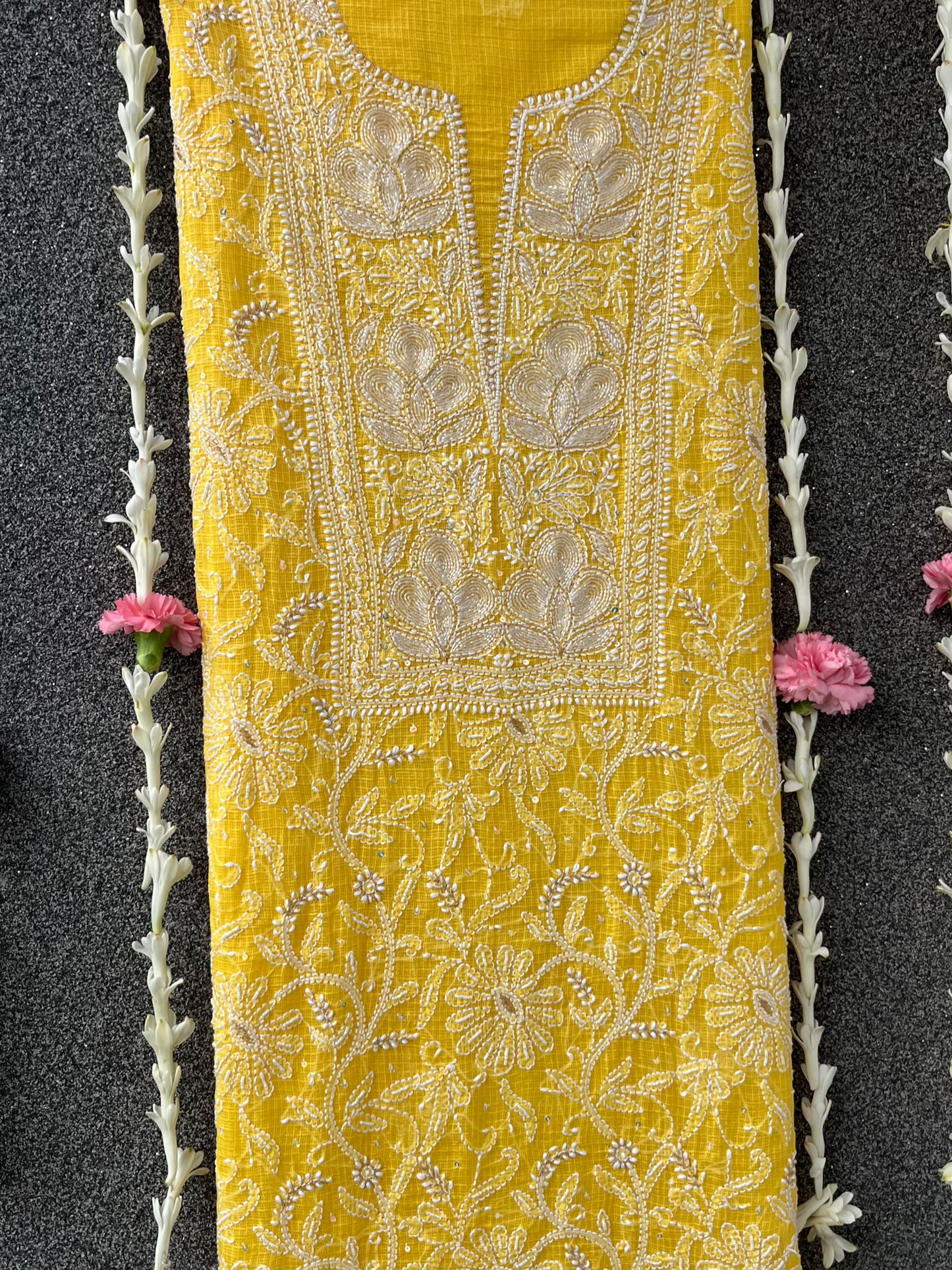 Yellow Kota Unstitched Chikankari & Pearl Festive Suit Set
