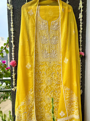 Yellow Kota Unstitched Chikankari & Pearl Festive Suit Set
