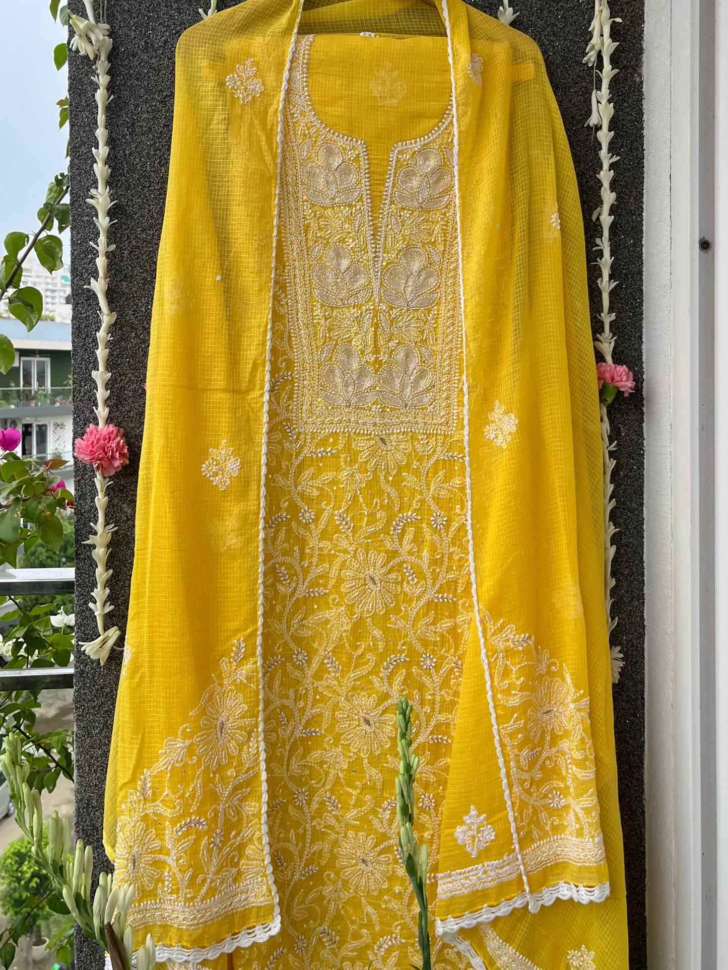 Yellow Kota Unstitched Chikankari & Pearl Festive Suit Set