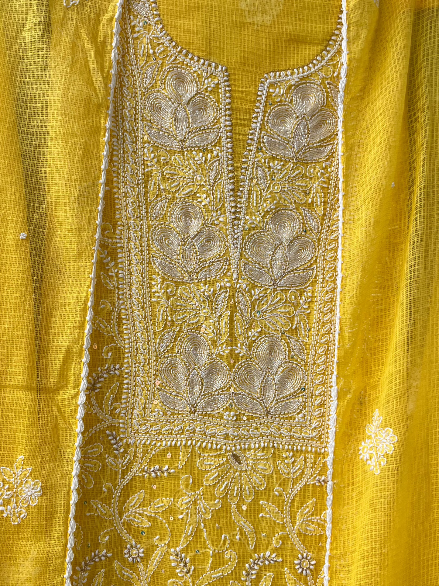 Yellow Kota Unstitched Chikankari & Pearl Festive Suit Set
