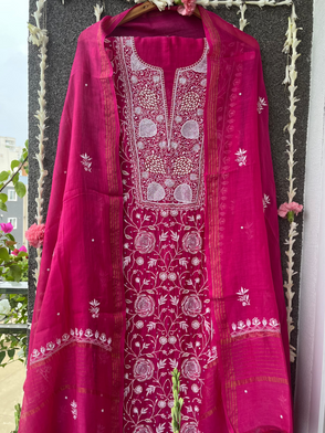 Pink Mul Chanderi Unstitched Chikankari & Pearl Festive Suit Set