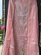 Peach Mul Chanderi Unstitched Chikankari & Pearl Festive Suit Set