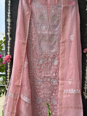 Peach Mul Chanderi Unstitched Chikankari & Pearl Festive Suit Set